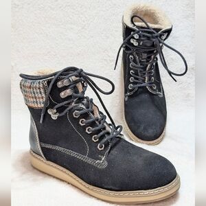White Mountain Women's 7 Theo Black Leather Lace-Up Boots Plaid Cuff Shearling
